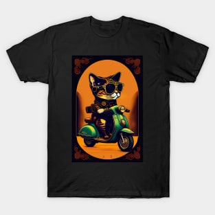 Funny cute cat drive motorcycle graphic design artwork T-Shirt